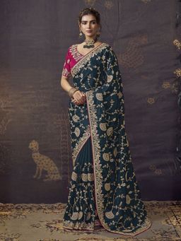 Odette - Dark Green Organza Silk Embroidered Saree with Unstitched Blouse