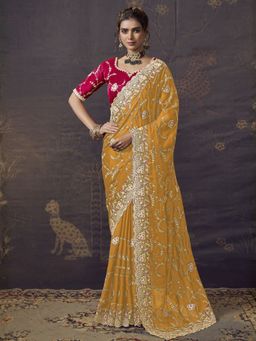 Odette - Yellow Embroidered Satin Saree with Unstitched Blouse