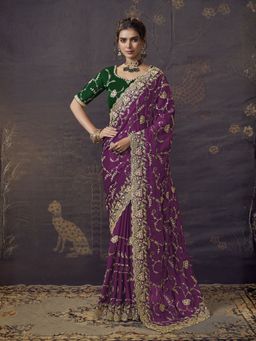Odette - Wine Satin Embroidered Saree with Unstitched Blouse