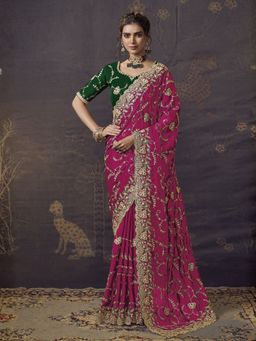 Odette - Pink Satin Embroidered Saree with Unstitched Blouse