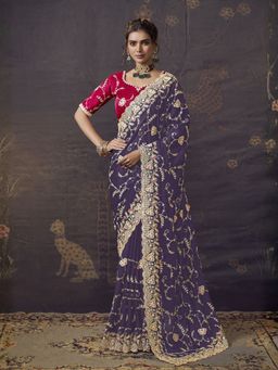 Odette - Light Purple Satin Embroidered Saree with Unstitched Blouse