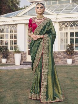 Odette - Olive Green Satin Embroidered Saree with Unstitched Blouse