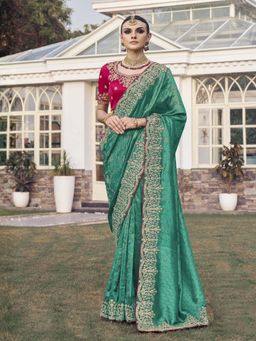 Odette - Green Satin Thread Work Embroidered Saree with Unstitched Blouse