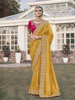 Odette - Yellow Satin Embroidered Thread Work Saree with Unstitched Blouse