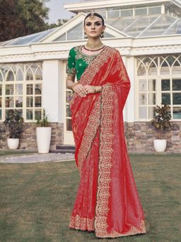Odette - Red Satin Embroidered Saree with Unstitched Blouse