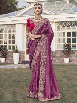 Odette - Purple Satin Embroidered Saree with Unstitched Blouse