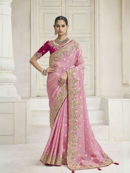 Odette - Light Pink Silk Blend Embellished Saree with Unstitched Blouse