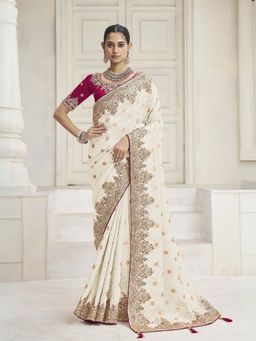 Odette - White Silk Blend Embellished Saree with Unstitched Blouse