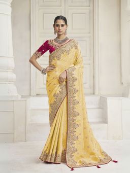 Odette - Yellow Silk Blend Embellished Saree with Unstitched Blouse