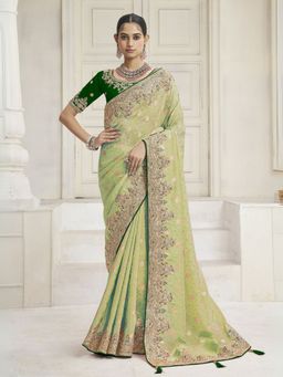 Odette - Lime Green Silk Blend Embellished Saree with Unstitched Blouse