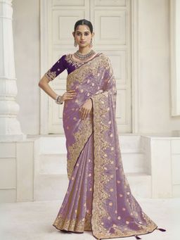 Odette - Lavender Silk Blend Embellished Saree with Unstitched Blouse