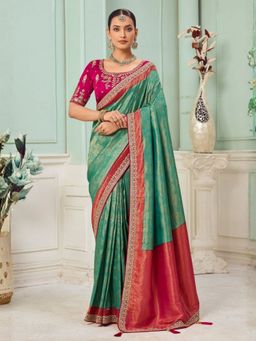 Odette - Green Satin Saree with Unstitched Blouse
