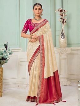 Odette - Off White Satin Embellished Saree with Unstitched Blouse