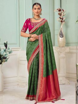 Odette - Green Satin Embellished Saree with Unstitched Blouse