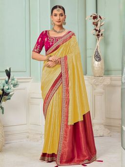 Odette - Yellow Satin Embellished Saree with Unstitched Blouse
