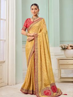 Odette - Yellow Viscose Embroidered Saree with Unstitched Blouse