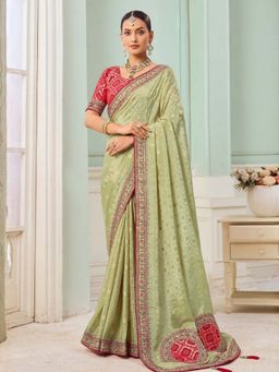 Odette - Light Green Viscose Embroidered Saree with Unstitched Blouse