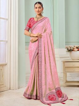 Odette - Light Pink Viscose Embroidered Saree with Unstitched Blouse