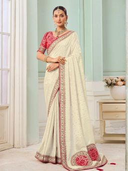 Odette - Off White Viscose Embroidered Saree with Unstitched Blouse