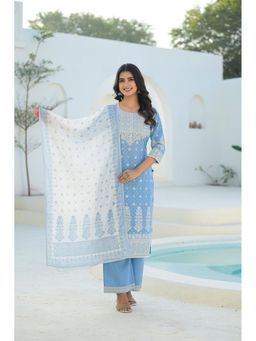 Juniper - Sky Blue Embroidered Cotton Kurta with Pant and Dupatta