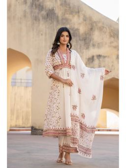 Juniper - Off White Gulab Baagh Anarkali Cotton Kurta with Pant and Dupatta