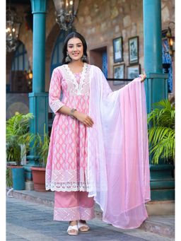Juniper - Powder Rose Pink Lace-Trim Printed Kurta with Pant and Dupatta