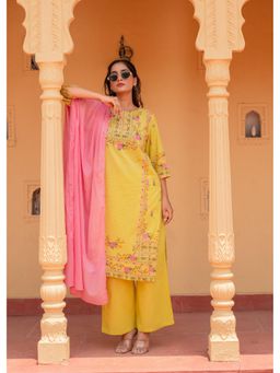 Juniper - Floral Printed Yellow Kurta with Pant and Dupatta