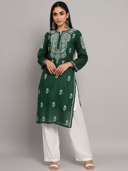 PARAMOUNT CHIKAN - Green Cotton Blend Embroidered Straight Kurta