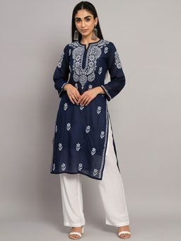 PARAMOUNT CHIKAN - Navy Blue Cotton Blend Embroidered Straight Kurta