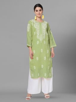 PARAMOUNT CHIKAN - Olive Cotton Blend Embroidered Straight Kurta