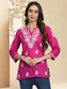 PARAMOUNT CHIKAN - Magenta Cotton Blend Embroidered Straight Kurti
