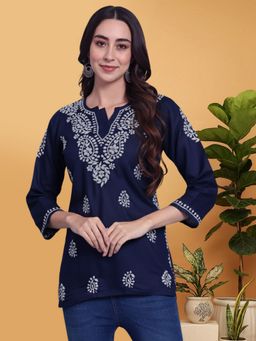 PARAMOUNT CHIKAN - Navy Blue Cotton Blend Embroidered Straight Kurti