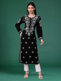 PARAMOUNT CHIKAN - Black Cotton Blend Embroidered Straight Kurta
