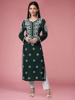PARAMOUNT CHIKAN - Green Cotton Blend Embroidered Straight Kurta