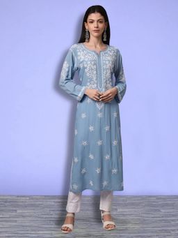 PARAMOUNT CHIKAN - Blue Cotton Blend Embroidered Straight Kurta