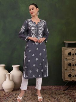 PARAMOUNT CHIKAN - Grey Cotton Blend Embroidered Straight Kurta