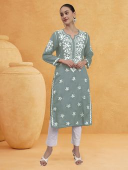 PARAMOUNT CHIKAN - Grey Cotton Blend Embroidered Straight Kurta