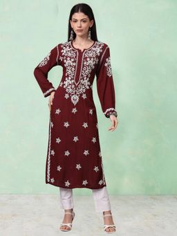 PARAMOUNT CHIKAN - Maroon Cotton Blend Embroidered Straight Kurta