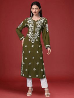 PARAMOUNT CHIKAN - Olive Cotton Blend Embroidered Straight Kurta