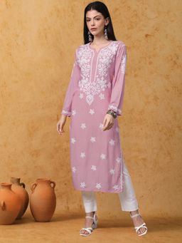 PARAMOUNT CHIKAN - Peach Cotton Blend Embroidered Straight Kurta