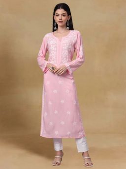 PARAMOUNT CHIKAN - Pink Cotton Blend Embroidered Straight Kurta