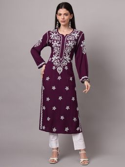 PARAMOUNT CHIKAN - Purple Cotton Blend Embroidered Straight Kurta