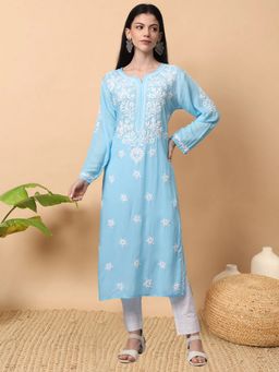 PARAMOUNT CHIKAN - Blue Cotton Blend Embroidered Straight Kurta