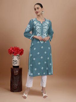 PARAMOUNT CHIKAN - Teal Cotton Blend Embroidered Straight Kurta