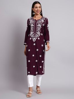 PARAMOUNT CHIKAN - Teal Cotton Blend Embroidered Straight Kurta