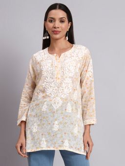 PARAMOUNT CHIKAN - Off White Cotton Blend Embroidered Straight Kurti