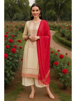 TULSATTVA - Cream Chanderi Abstract Kurta with Pant and Dupatta