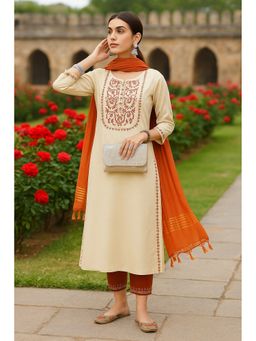 TULSATTVA - Cream Chanderi Embroidered Kurta with Pant and Dupatta