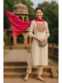 TULSATTVA - Cream Cotton Embroidered Kurta with Pant and Dupatta