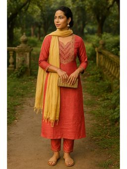 TULSATTVA - Peach Cotton Blend Embroidered Kurta with Pant and Dupatta